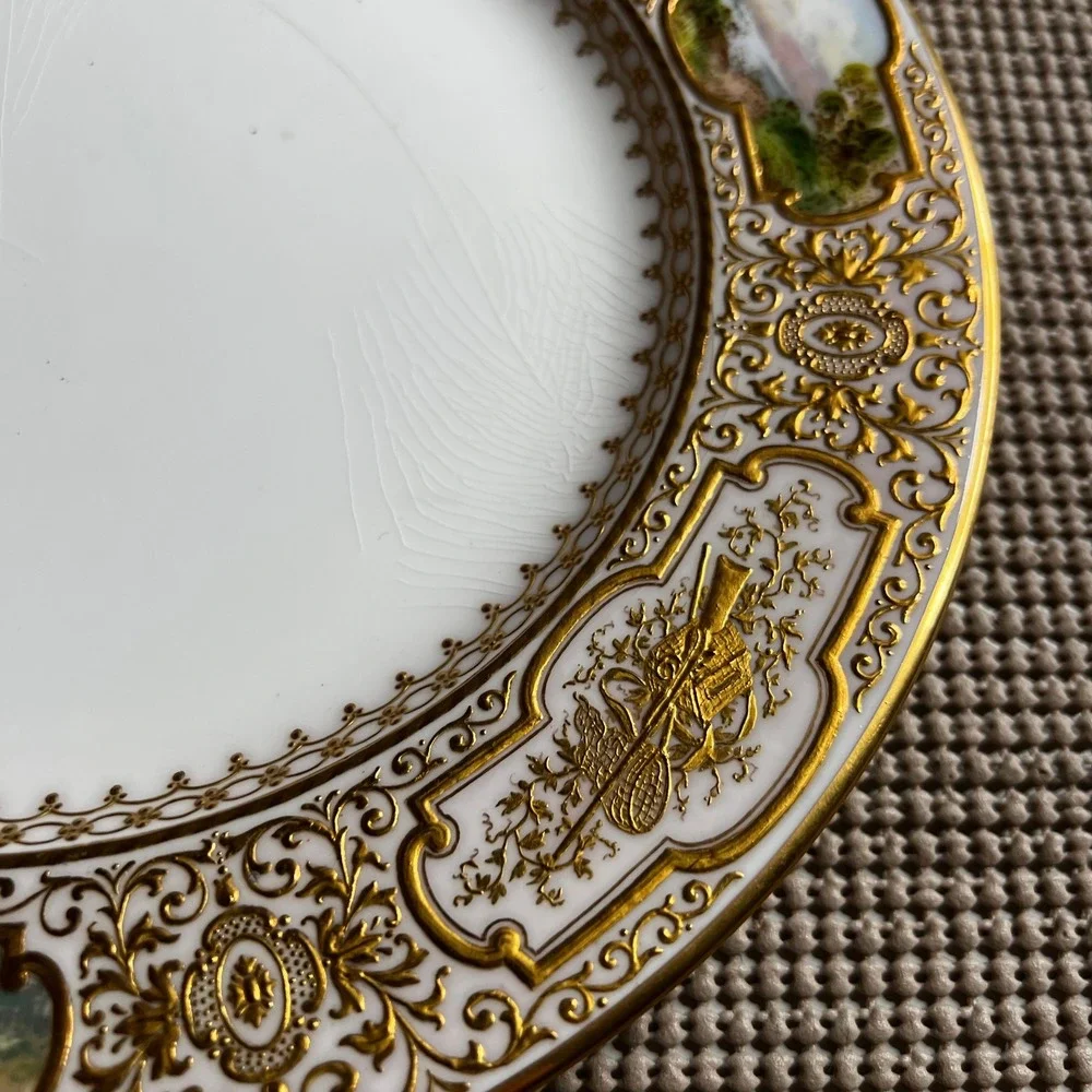 Antique Coalport Hand Painted Landscape Gold Encrusted Porcelain Cabinet Plate